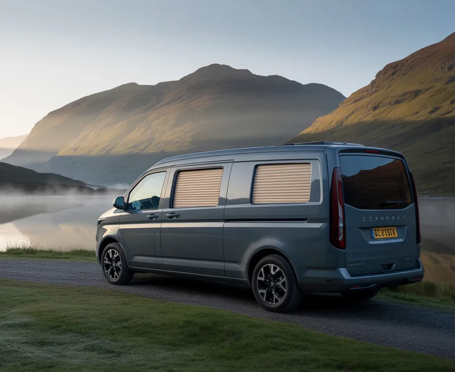 Camper Van with blinds drawn next to Loch.