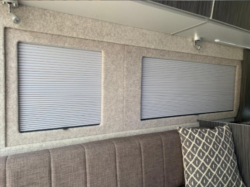 Close up of fitted blinds in a campervan